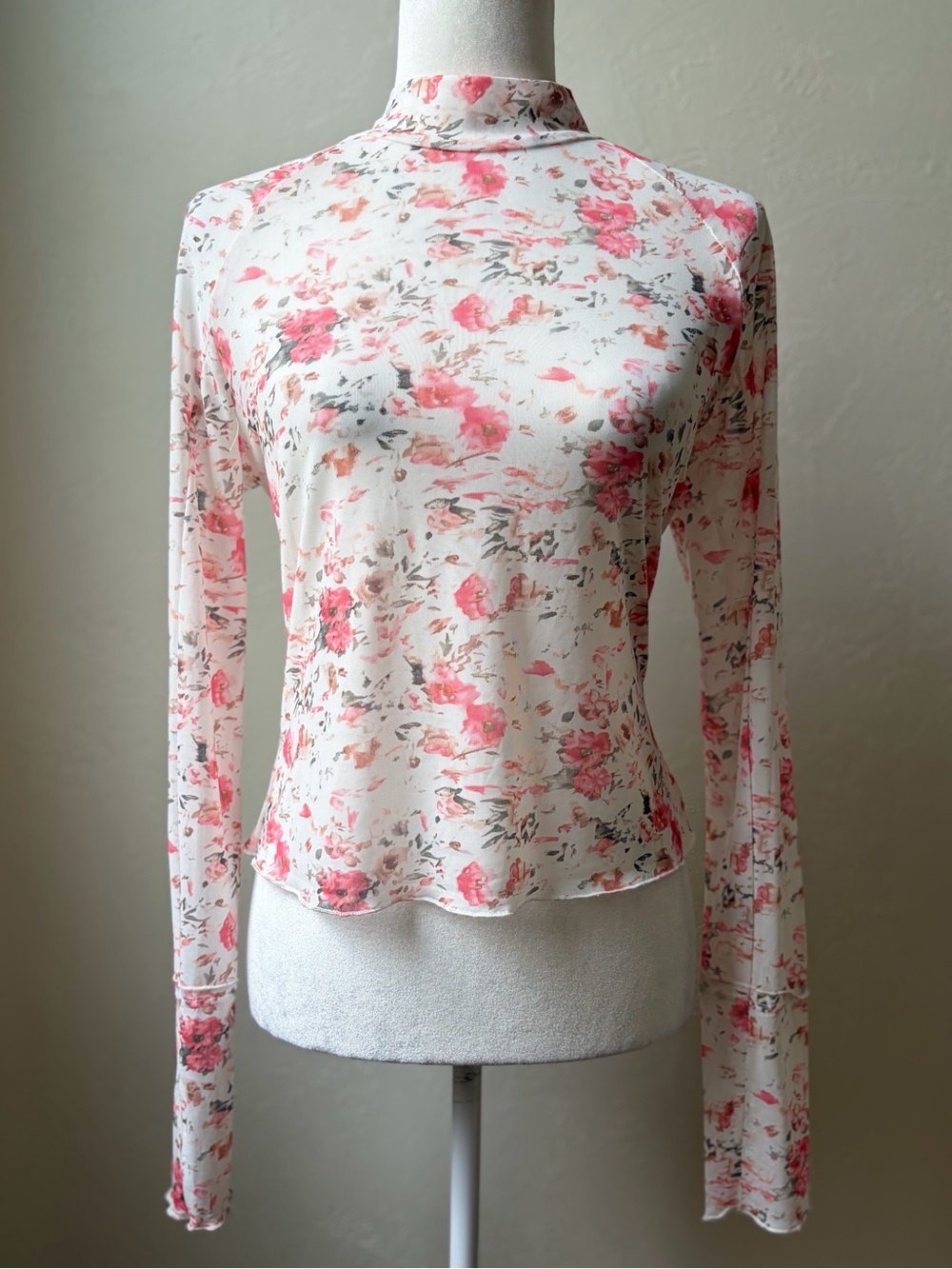 Fifth Label Floral Mesh Mock Neck Sheer Long Sleeve Top L